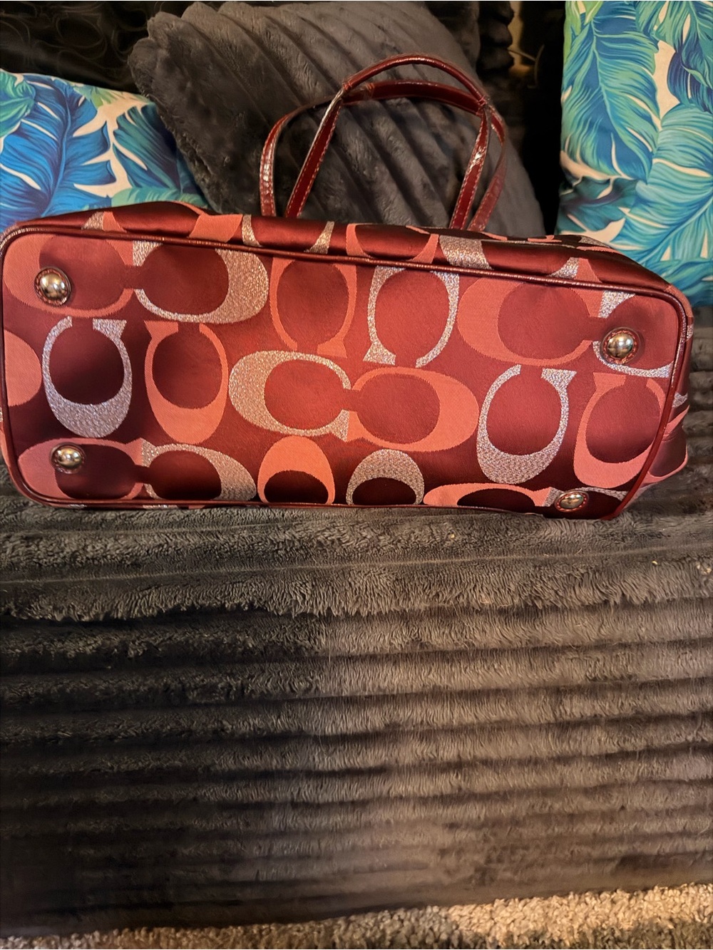 Coach Satin Signature Tote in Deep Red and Rose
